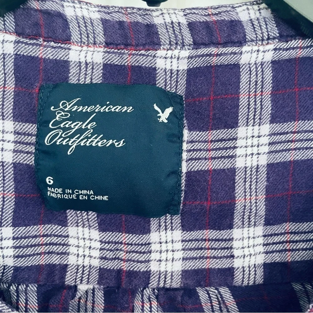 AEO Cotton Plaid Ruffle Neck Long Sleeve Top Purple Size 6 - Picture 6 of 11